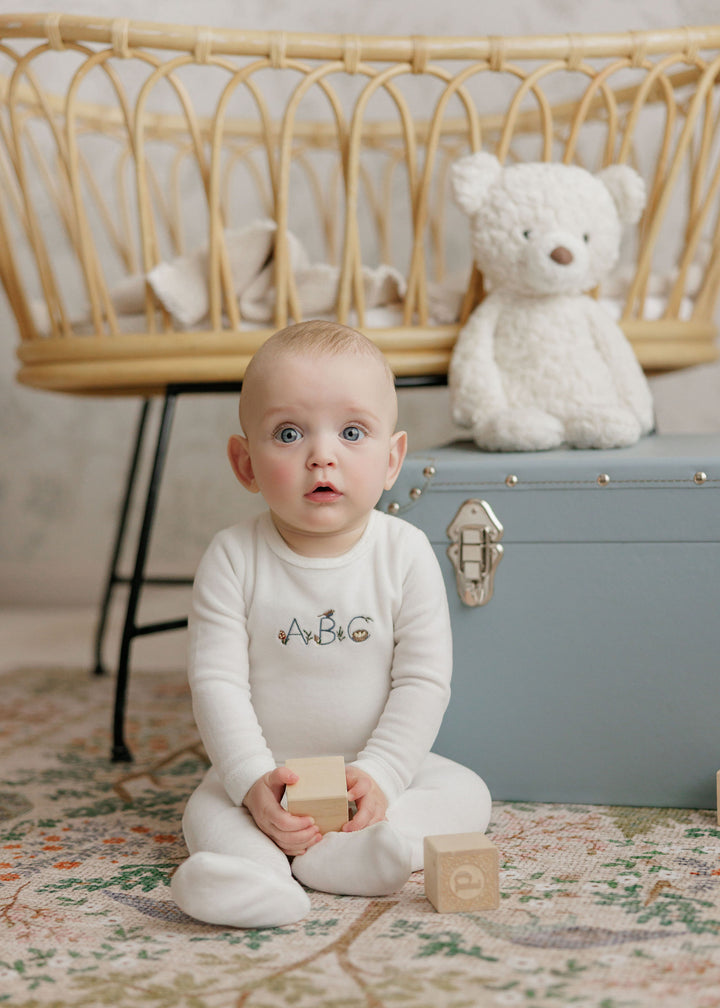 footie velour embroidered abc - ivory boy