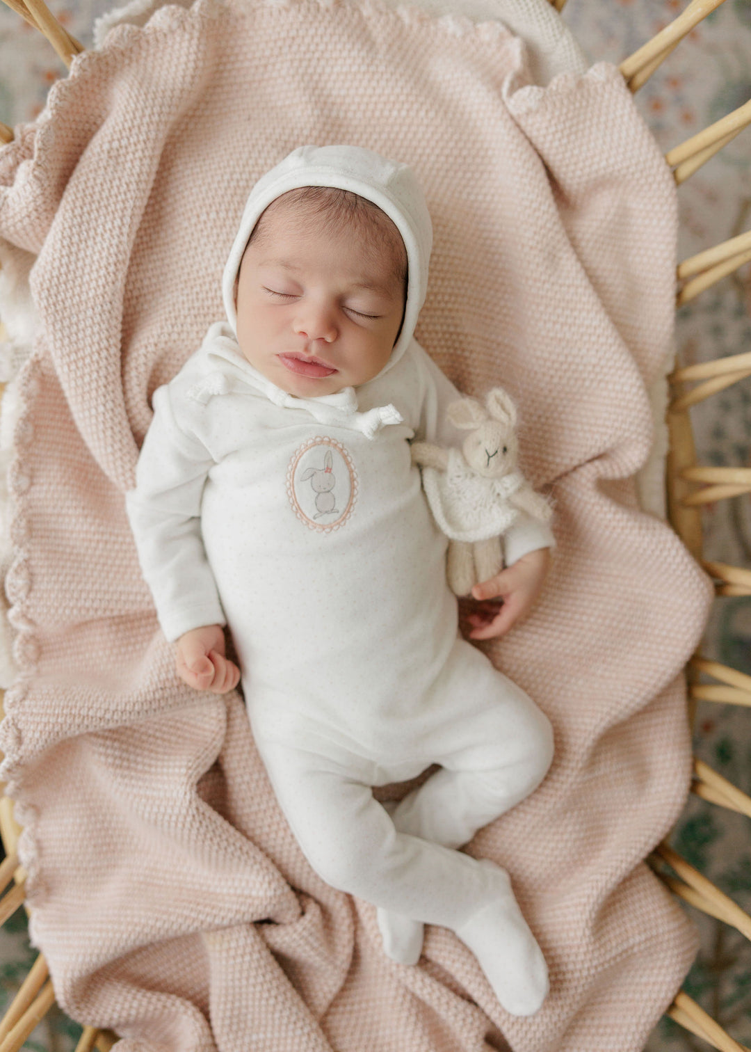footie velour bunny pin dot with bonnet - ivory girl