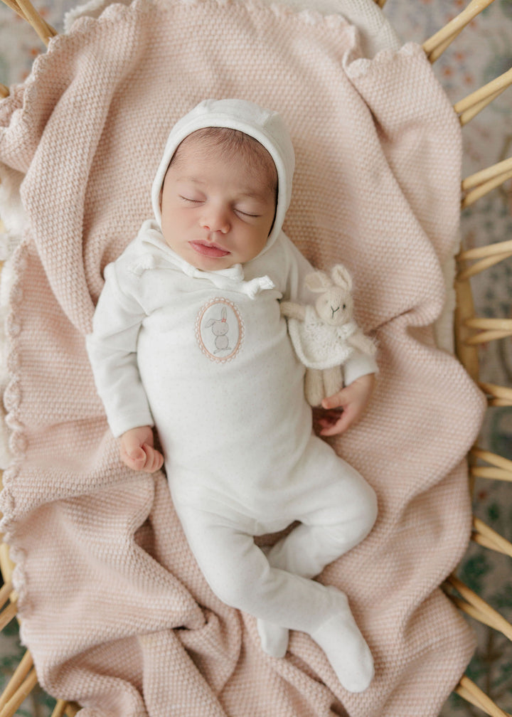 footie velour bunny pin dot with bonnet - ivory girl