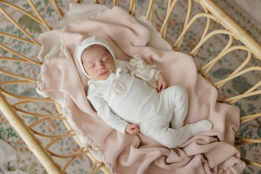 set footie velour bunny pin dot with bonnet and blanket - ivory girl