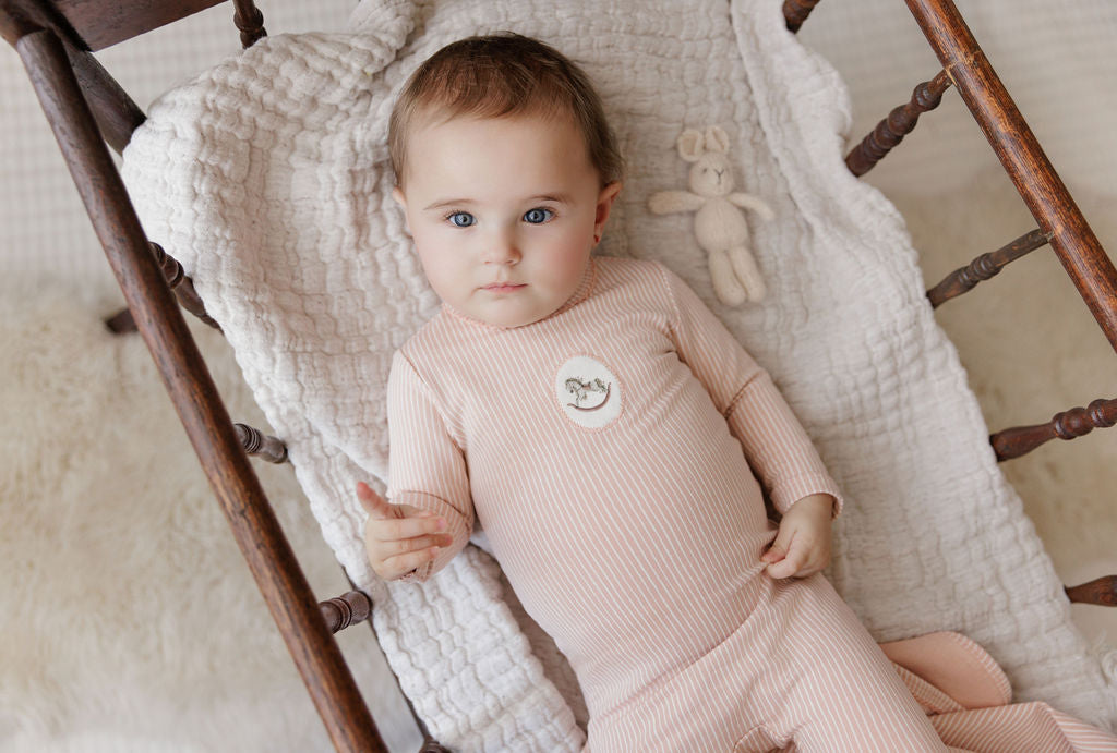 footie striped rocking horse with bonnet - pink