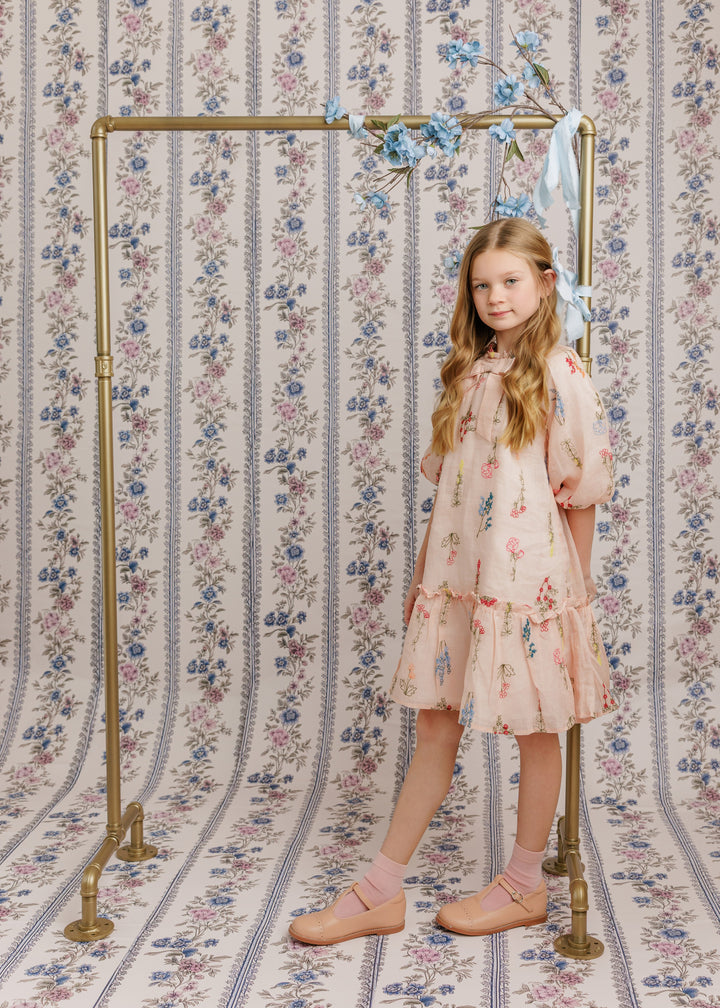 dress neck bow embroidered with puff 3/4 sleeves - peach