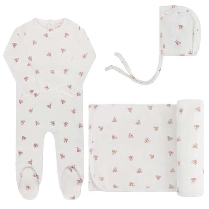set footie velour leaf print with beanie and blanket - ivory girl