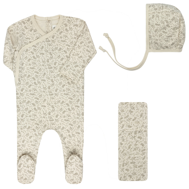 set footie with bonnet and swaddle vine print - ivory/sage