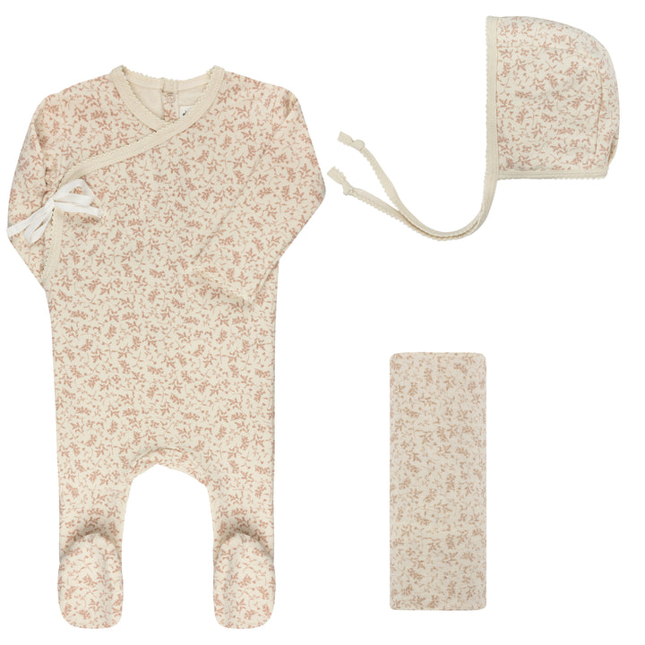 set footie with bonnet and swaddle vine print - ivory/pink