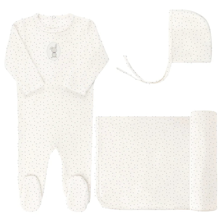 set footie velour bunny pin dot with bonnet and blanket - ivory boy