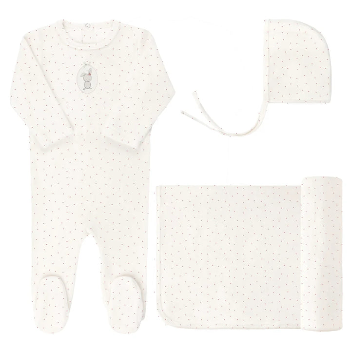 set footie velour bunny pin dot with bonnet and blanket - ivory girl