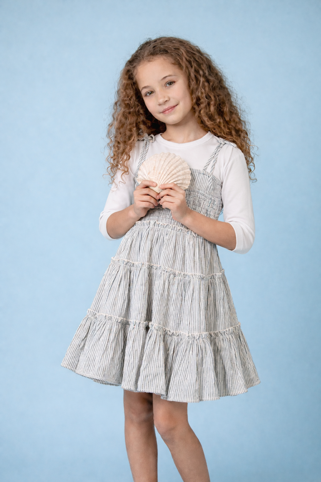 dress tiered stripe bow strap jumper - blue/white denim