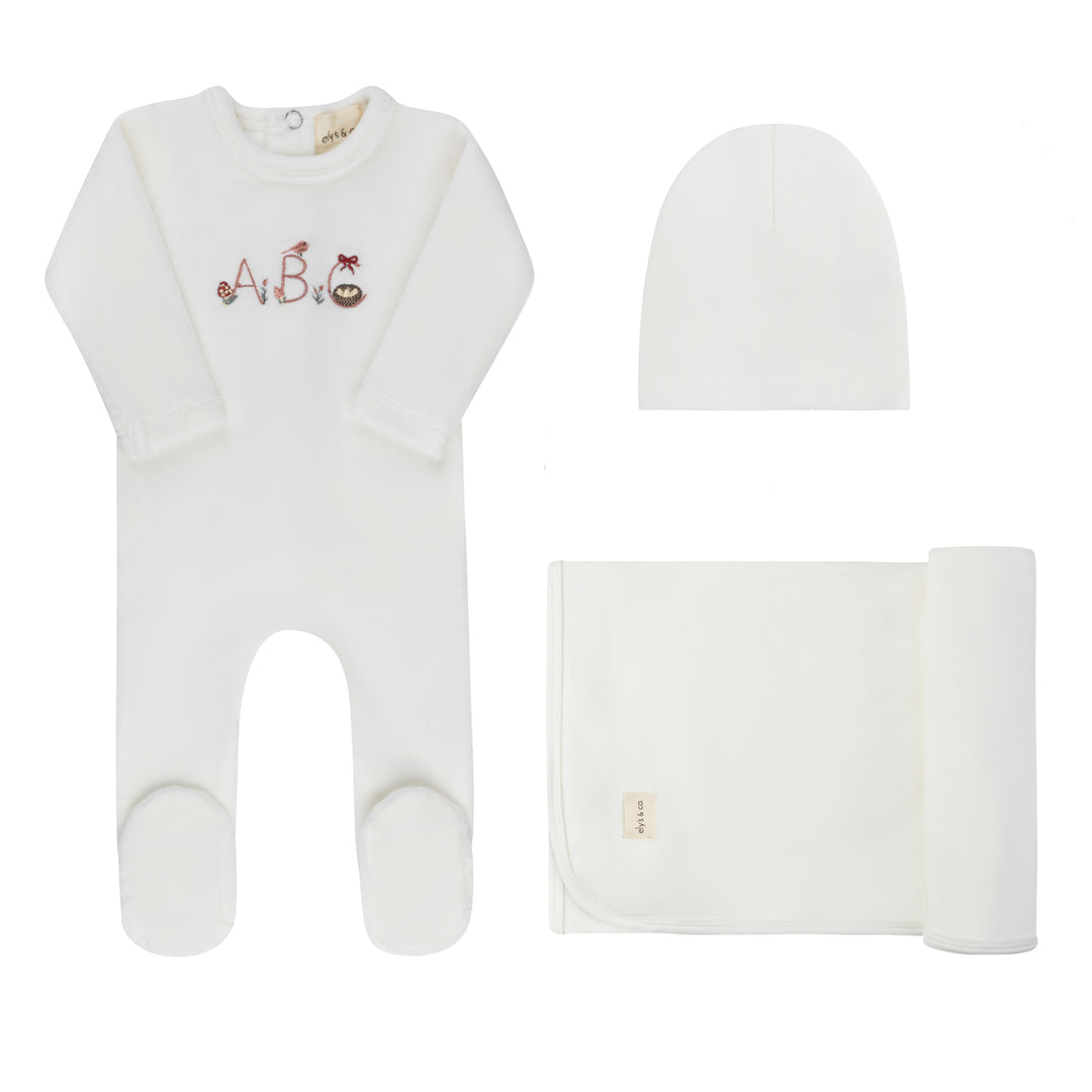 set footie velour embroidered abc with bonnet and blanket - ivory girl