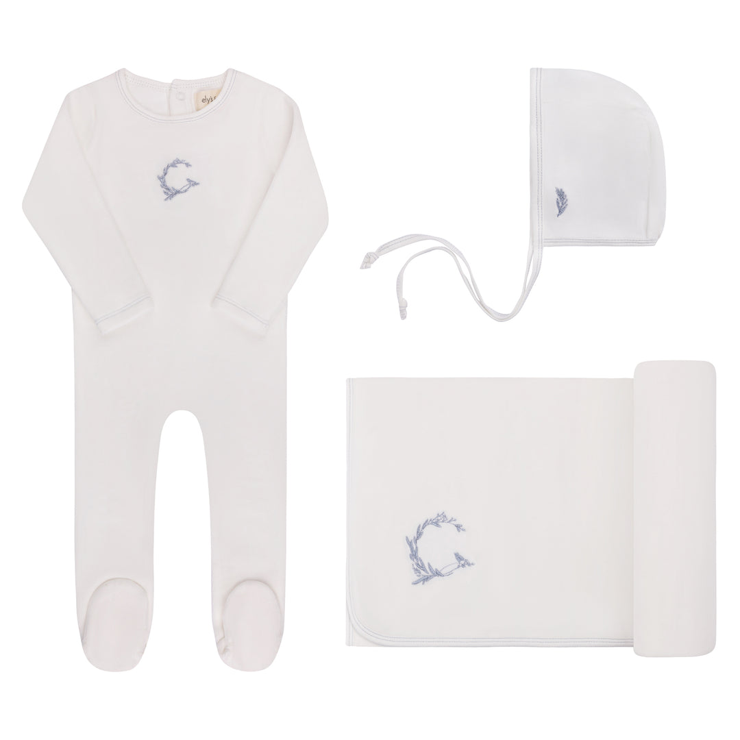 set footie velour metallic wreath with bonnet and blanket - ivory boy