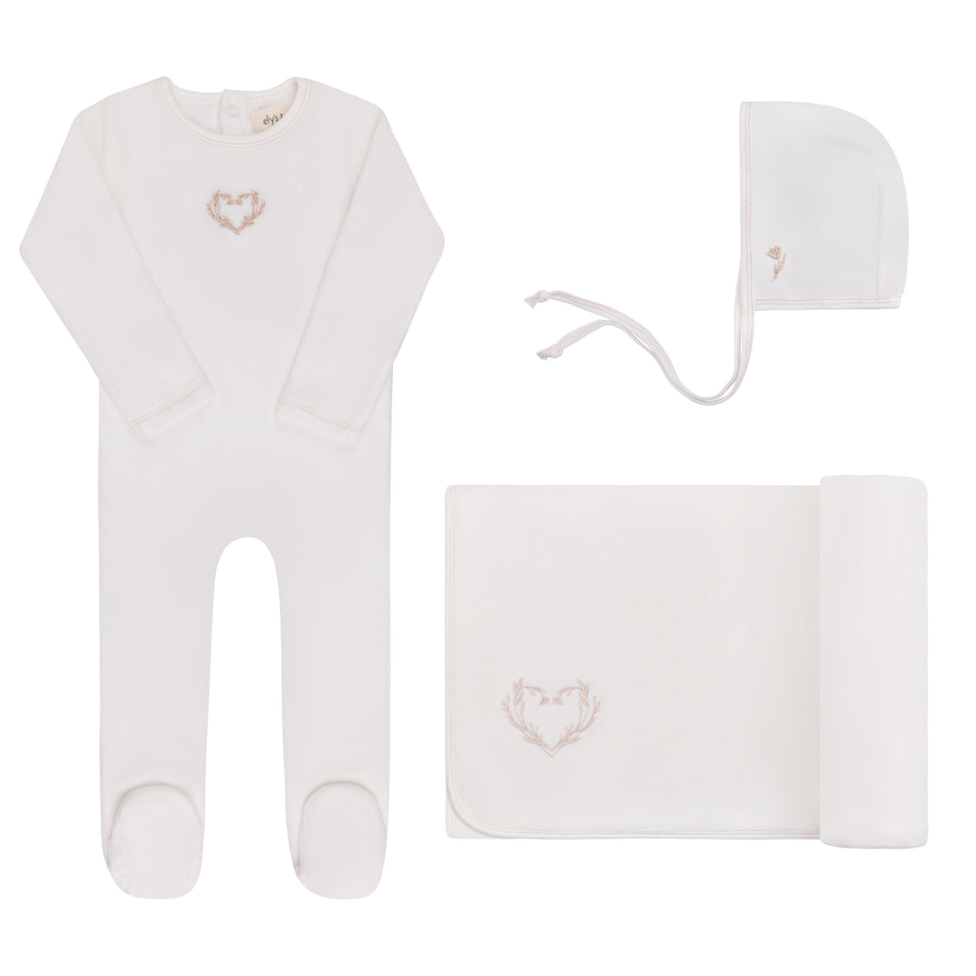 set footie velour metallic wreath with bonnet and blanket - ivory girl