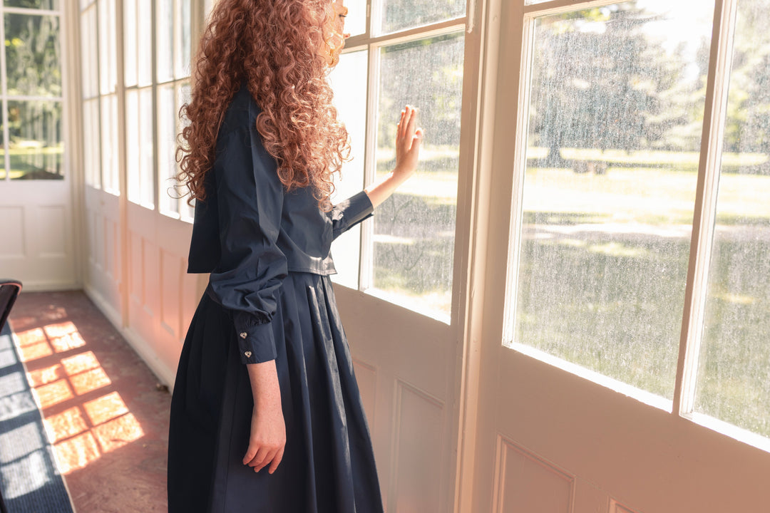 shirt l/s crop taffeta neck tie  - black