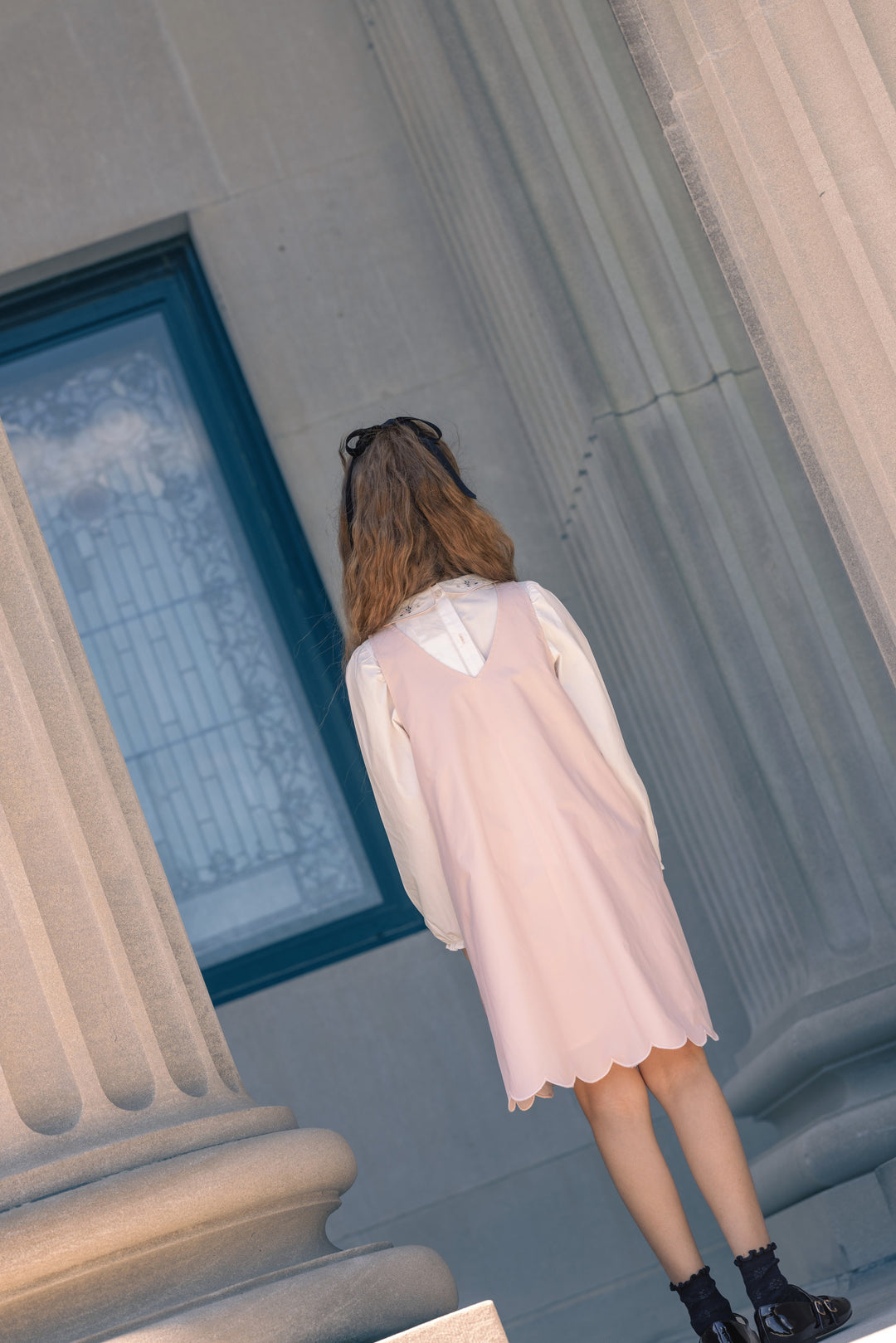 dress taffeta scalloped hem jumper with blouse - champagne