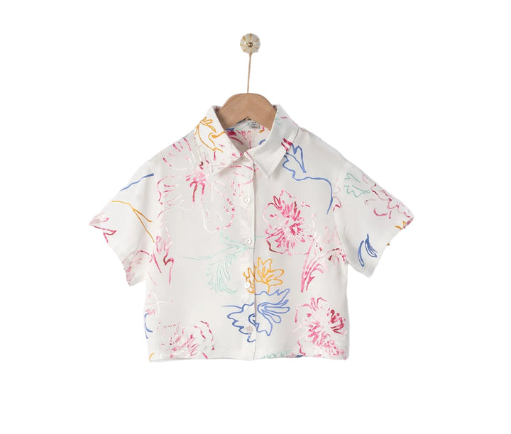 set outfit glossy floral print shirt and skirt - off white