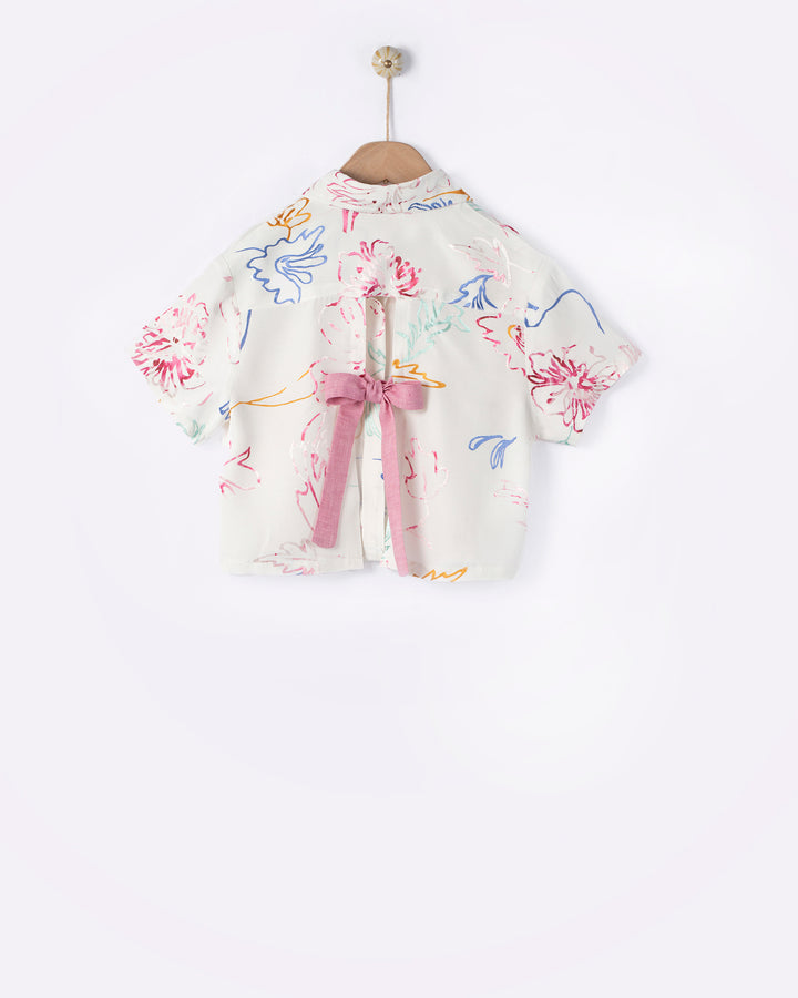 set outfit glossy floral print shirt and skirt - off white
