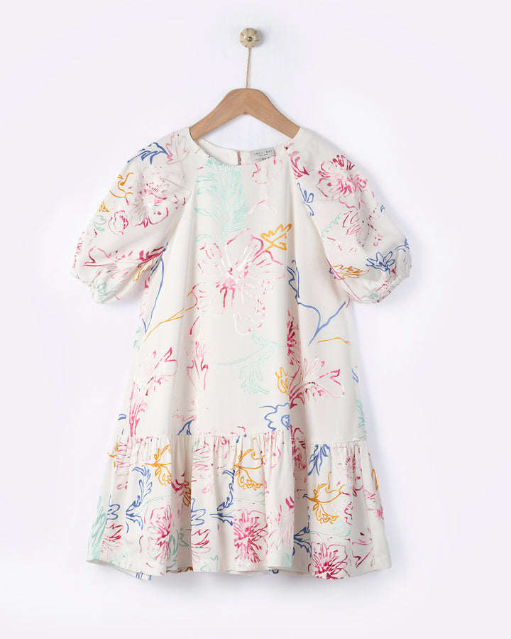 dress glossy floral print flutter - off white