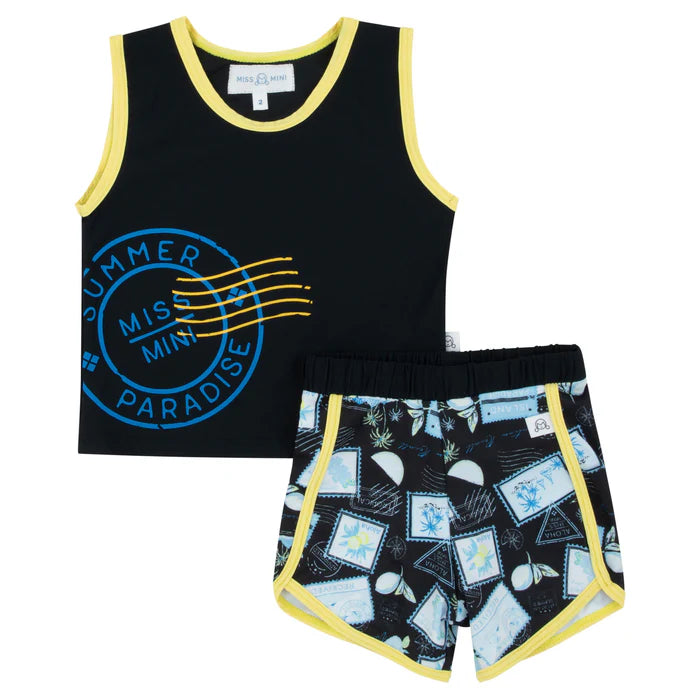swim set postcard contrast trim tank and shorts - black