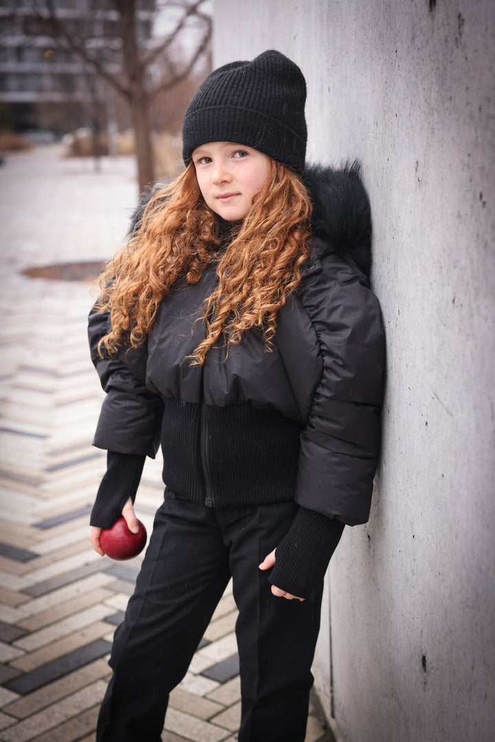 coat ribbed cuffs and waist with fur hood - black