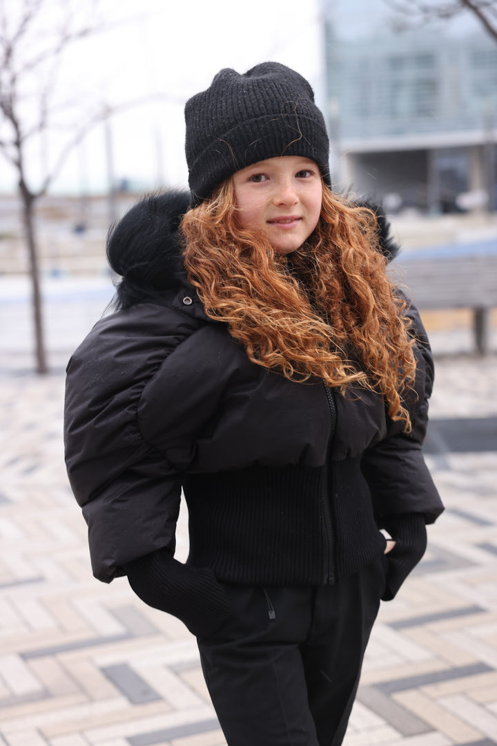 coat ribbed cuffs and waist with fur hood - black