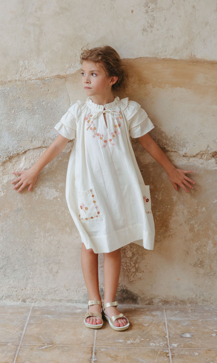 dress linen floral embroidered with ruffle detail - antique white
