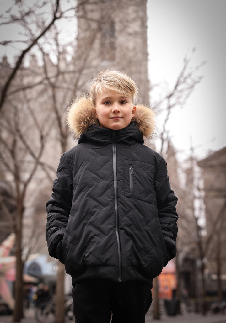 coat ultrasonic design zipper pocket with fur hood - black