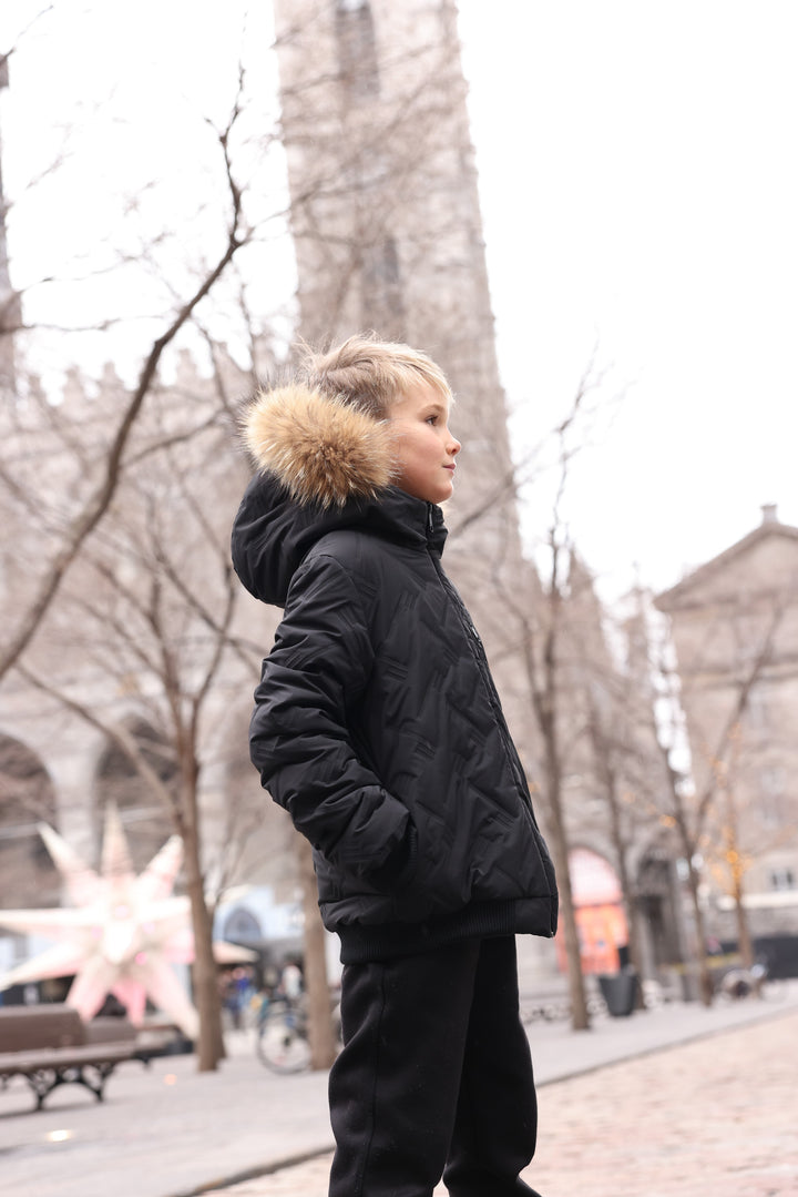 coat ultrasonic design zipper pocket with fur hood - black