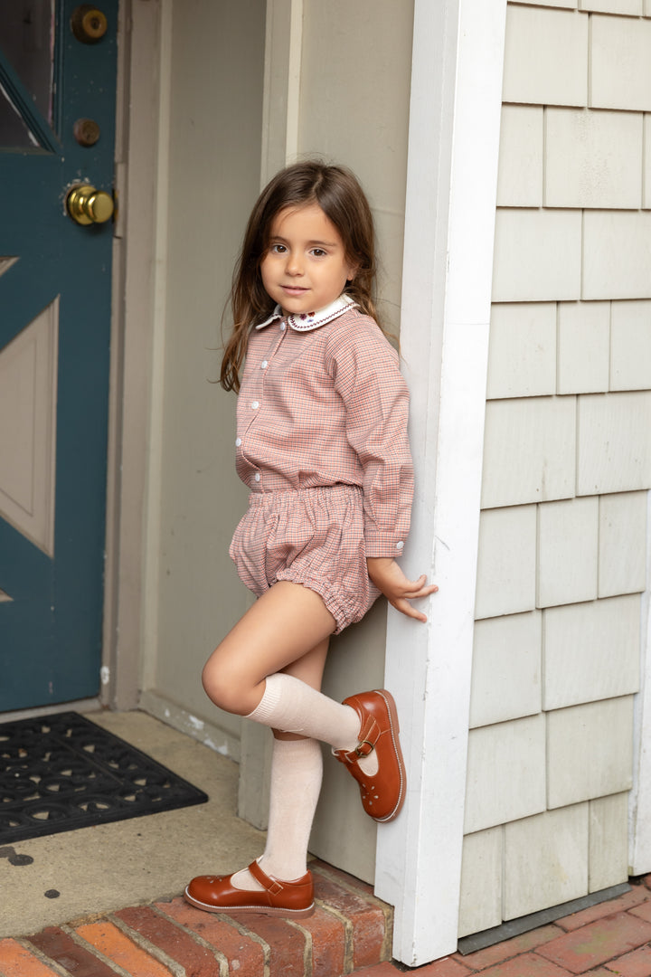 set outfit houndstooth embroidered collar shirt and bloomers - pink