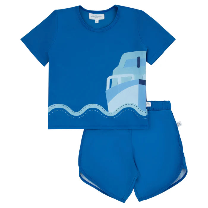 swim set scalloped detail boat tee and shorts - royal blue