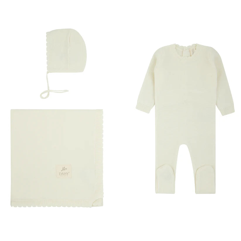 set footie scalloped edge knit with vest bonnet and blanket - cream