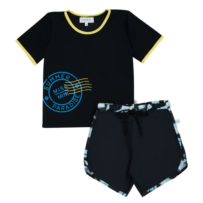 swim set postcard contrast trim tee and shorts - black