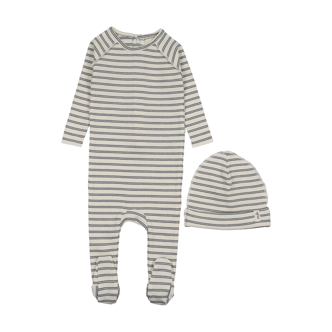 footie rib striped with beanie - navy blue