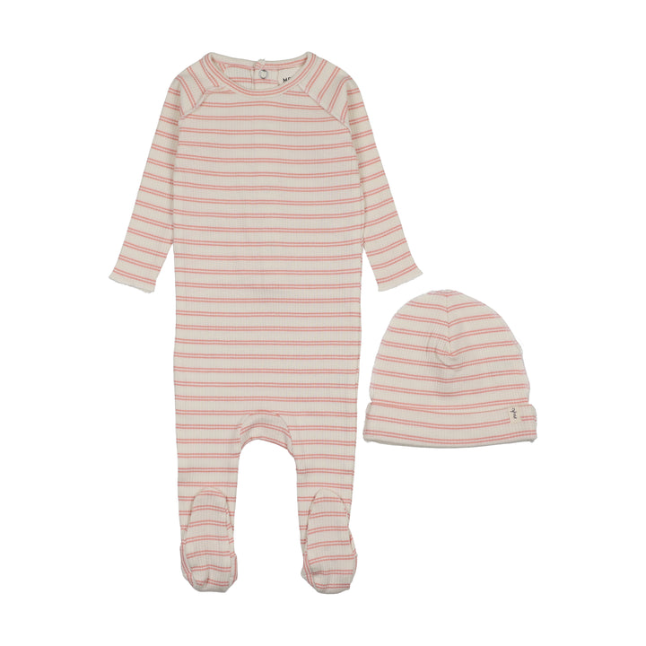 footie rib striped with beanie - rose pink