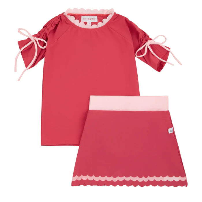 cover up 2 pc scalloped detail tee and skirt - hot pink