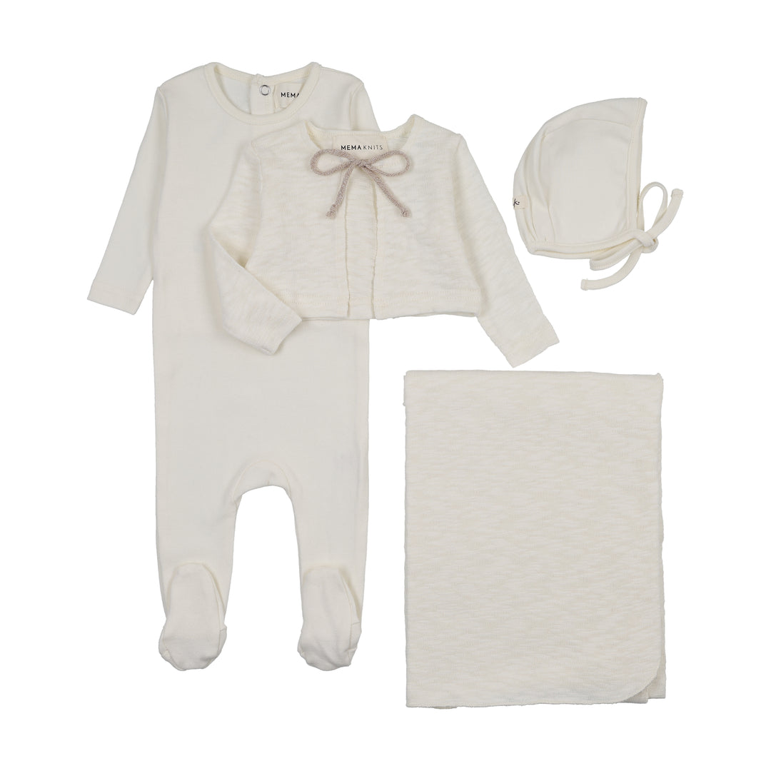 set footie pointelle with bow cardigan with bonnet and blanket - ivory