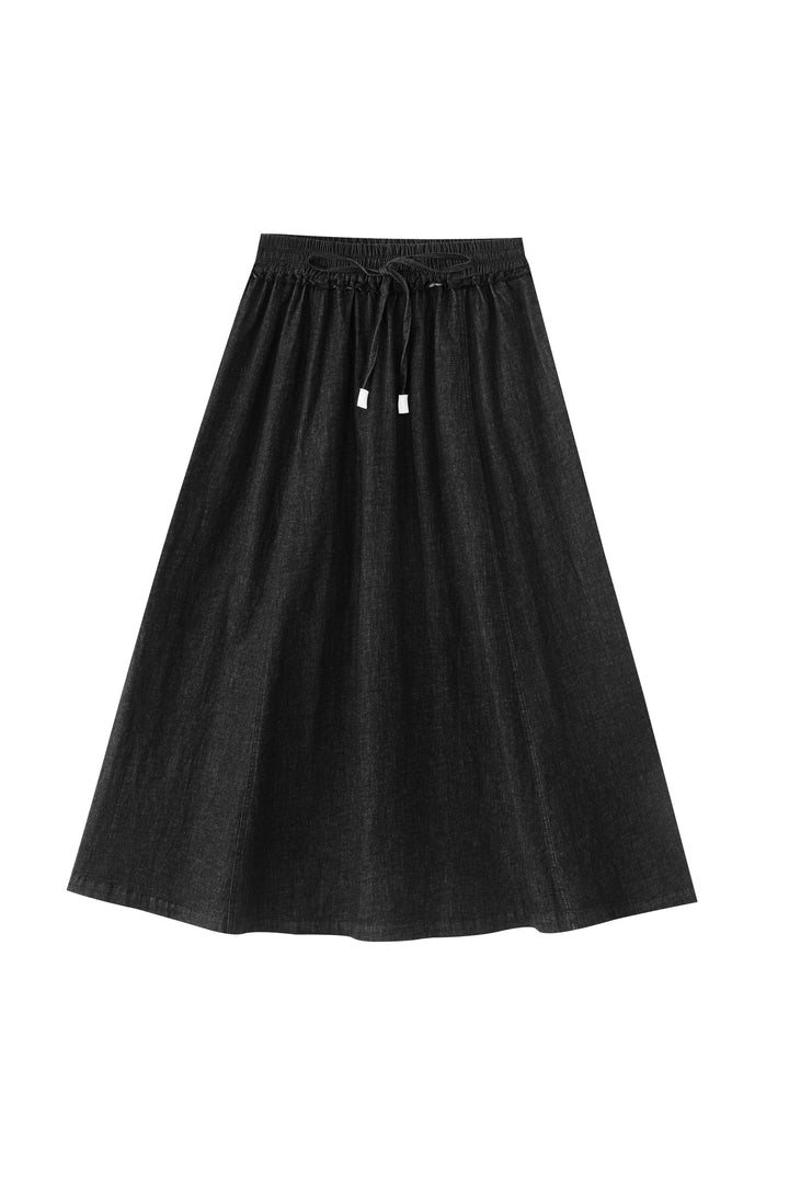 smocked waist midi skirt - black denim