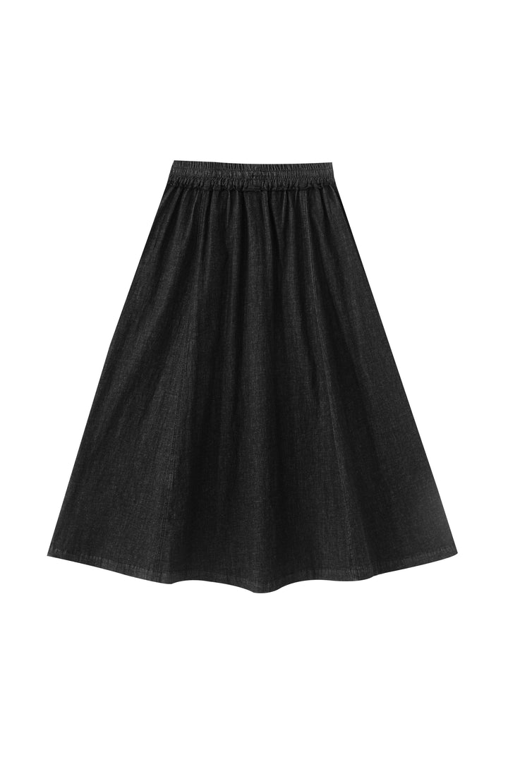 smocked waist midi skirt - black denim