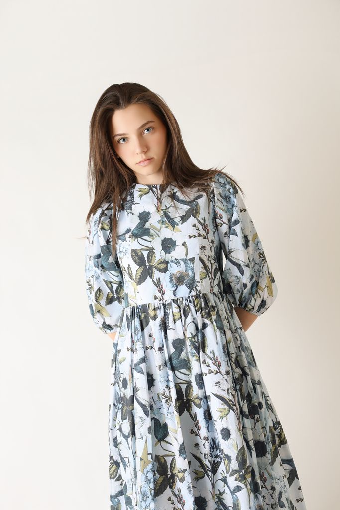 dress back bow flutter print - light blue
