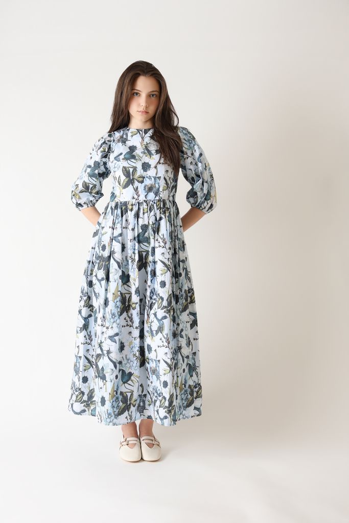 dress back bow flutter print - light blue