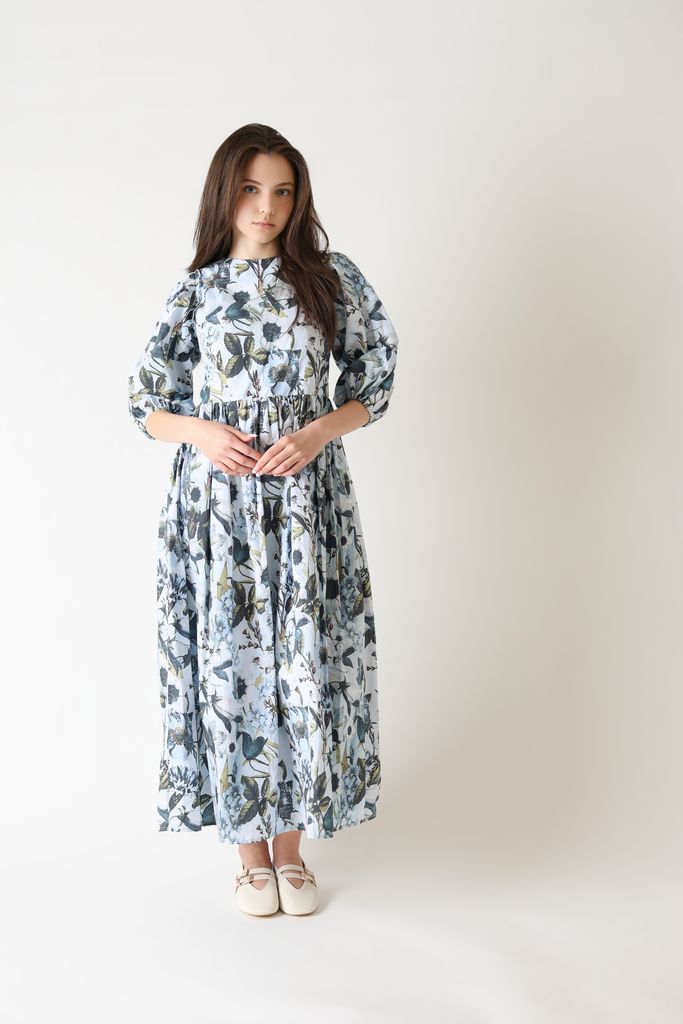 dress back bow flutter print - light blue