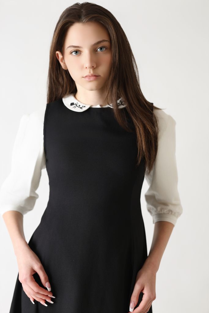 shirt l/s floral embroidered collar - white/black
