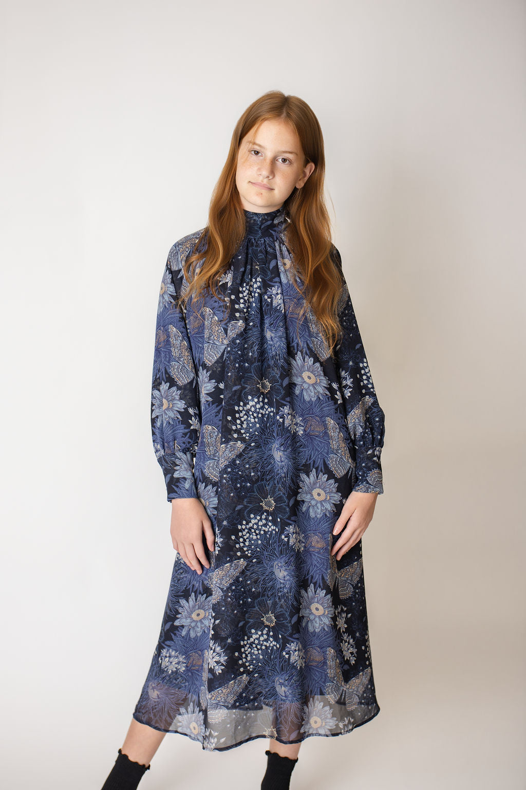 dress butterfly floral printed turtleneck chiffon - blue print
