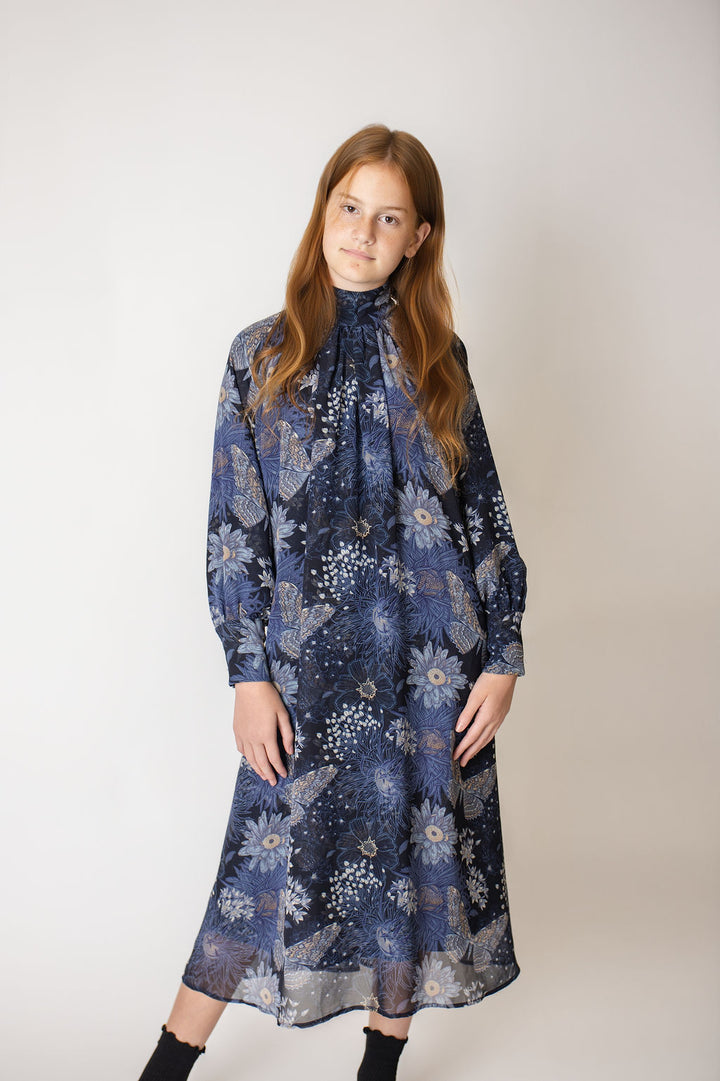 dress butterfly floral printed turtleneck chiffon - blue print