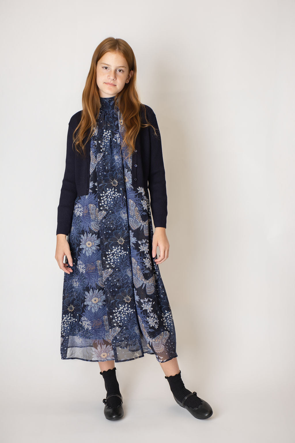 dress butterfly floral printed turtleneck chiffon - blue print