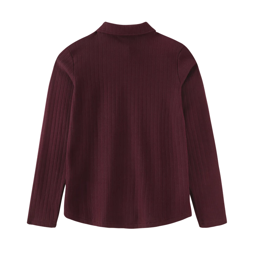 tee l/s ribbed button collar - burgundy