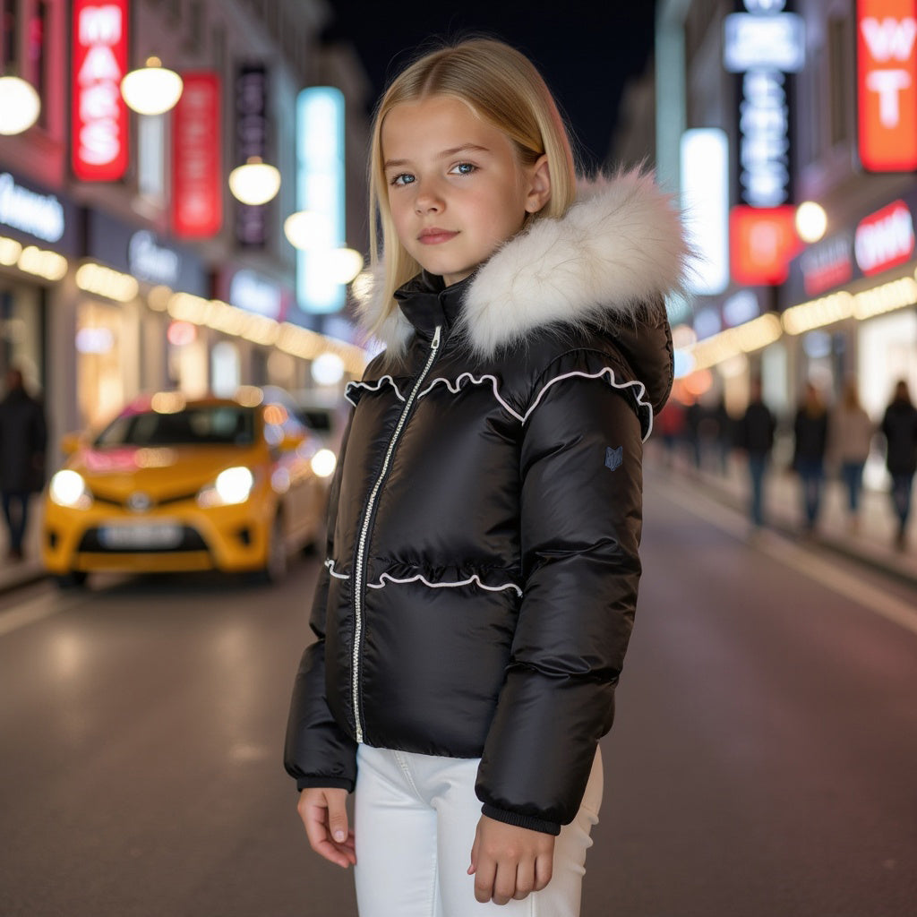 coat ruffled with white fur hood - black