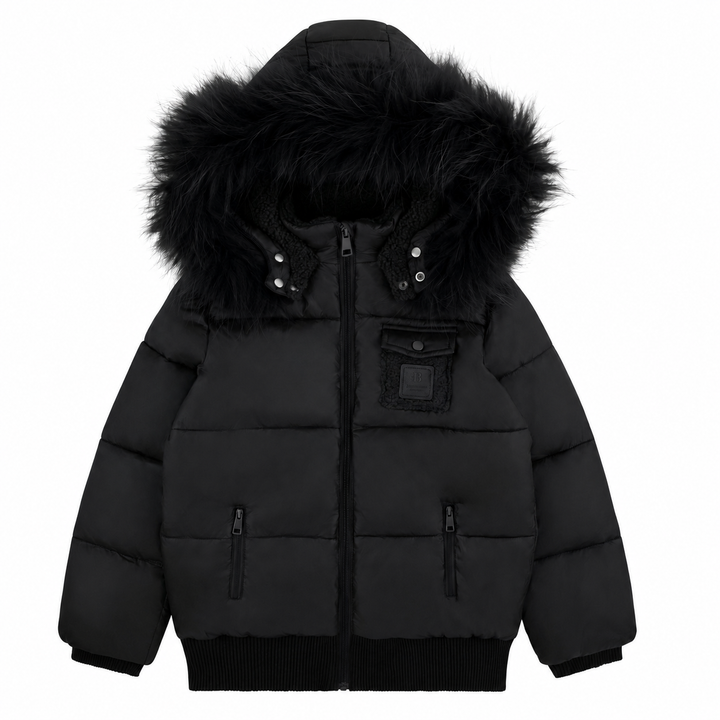 coat padded sherpa lining with fur hood - black