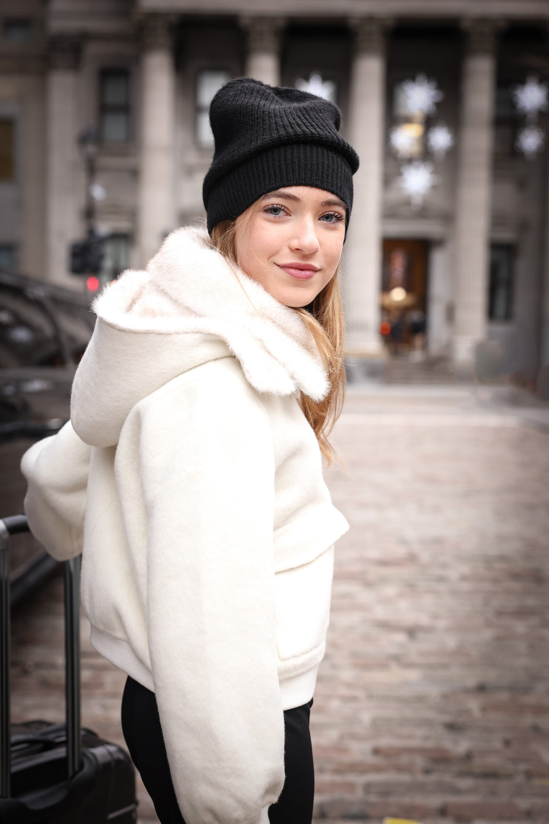 jacket wool bomber style with fur trim pockets - off white