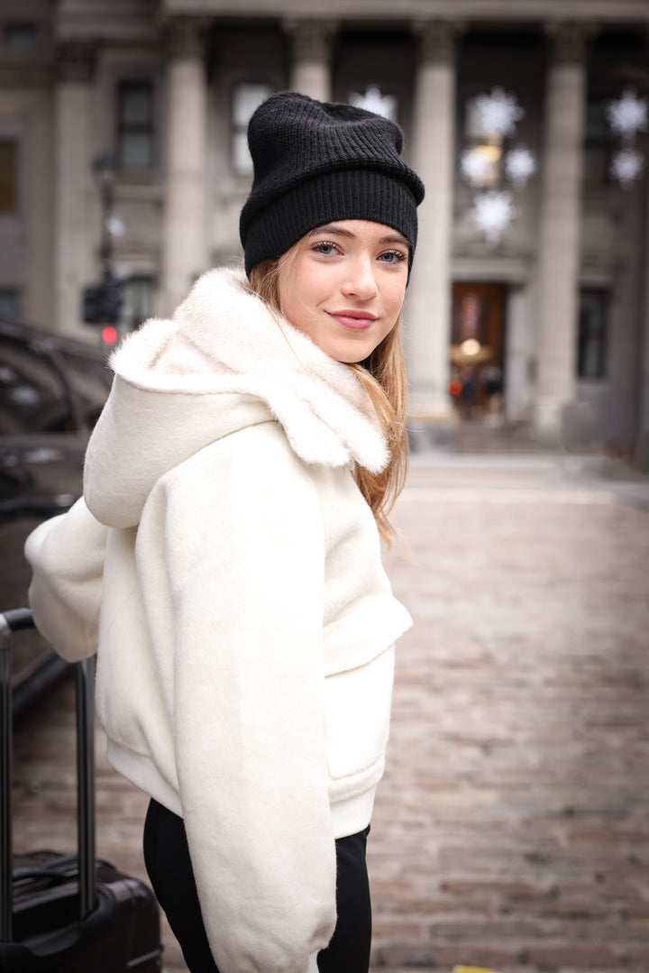 jacket wool bomber style with fur trim pockets - off white