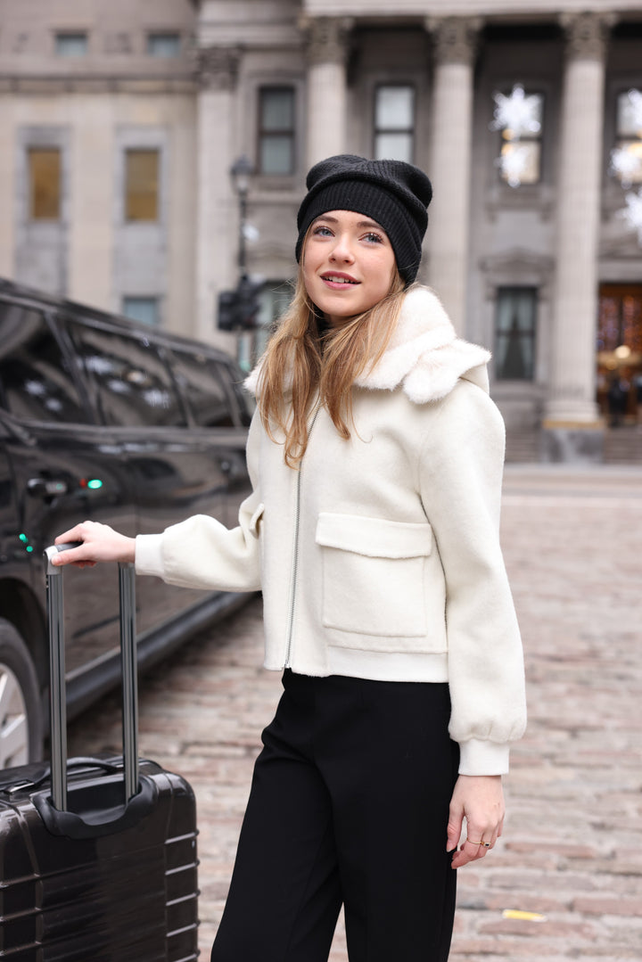 jacket wool bomber style with fur trim pockets - off white