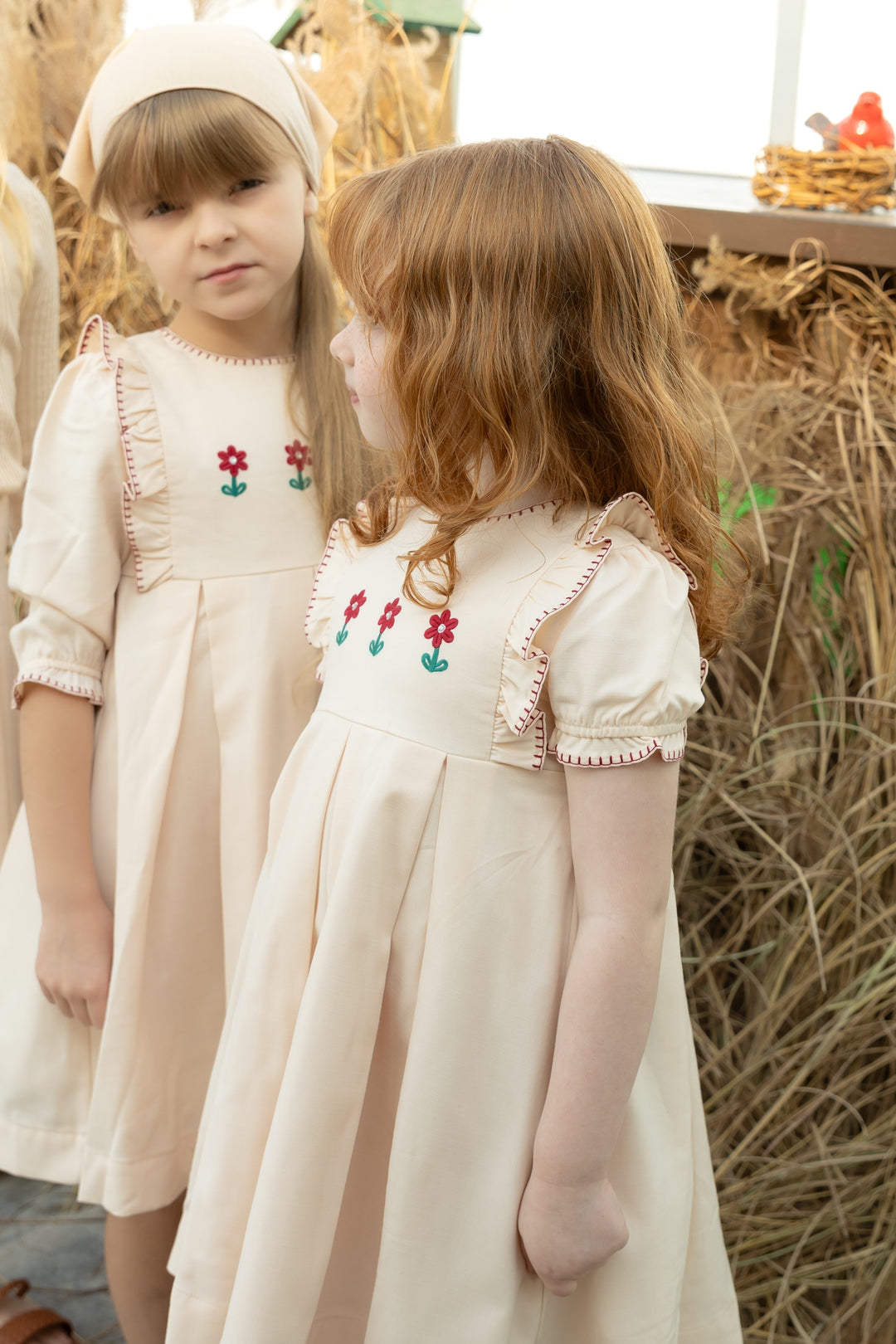 dress pleated embroidered flutter - peach